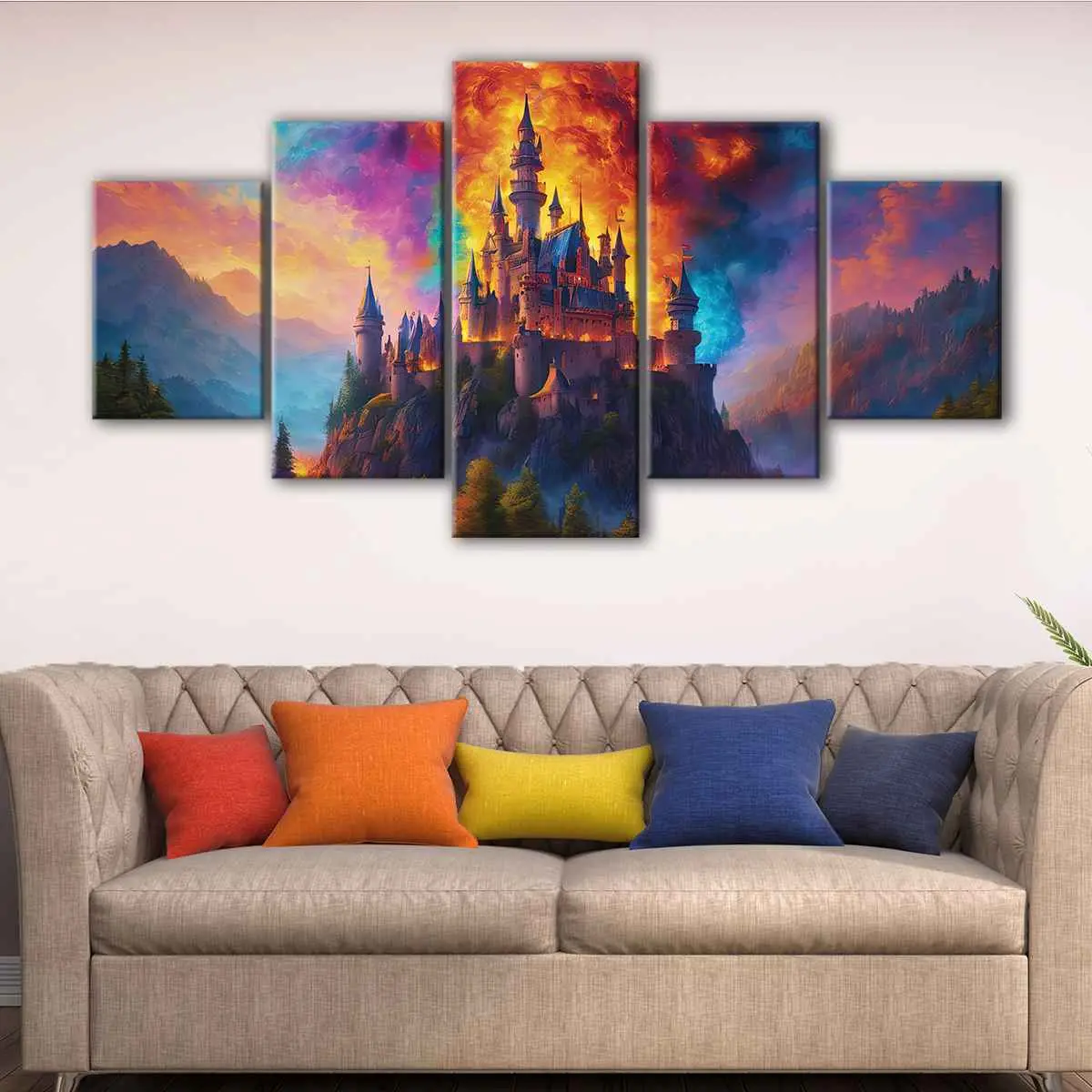 086a611f-5-panels-castle-in-fire-canvas-art Castle In Fire canvas art - Image 1