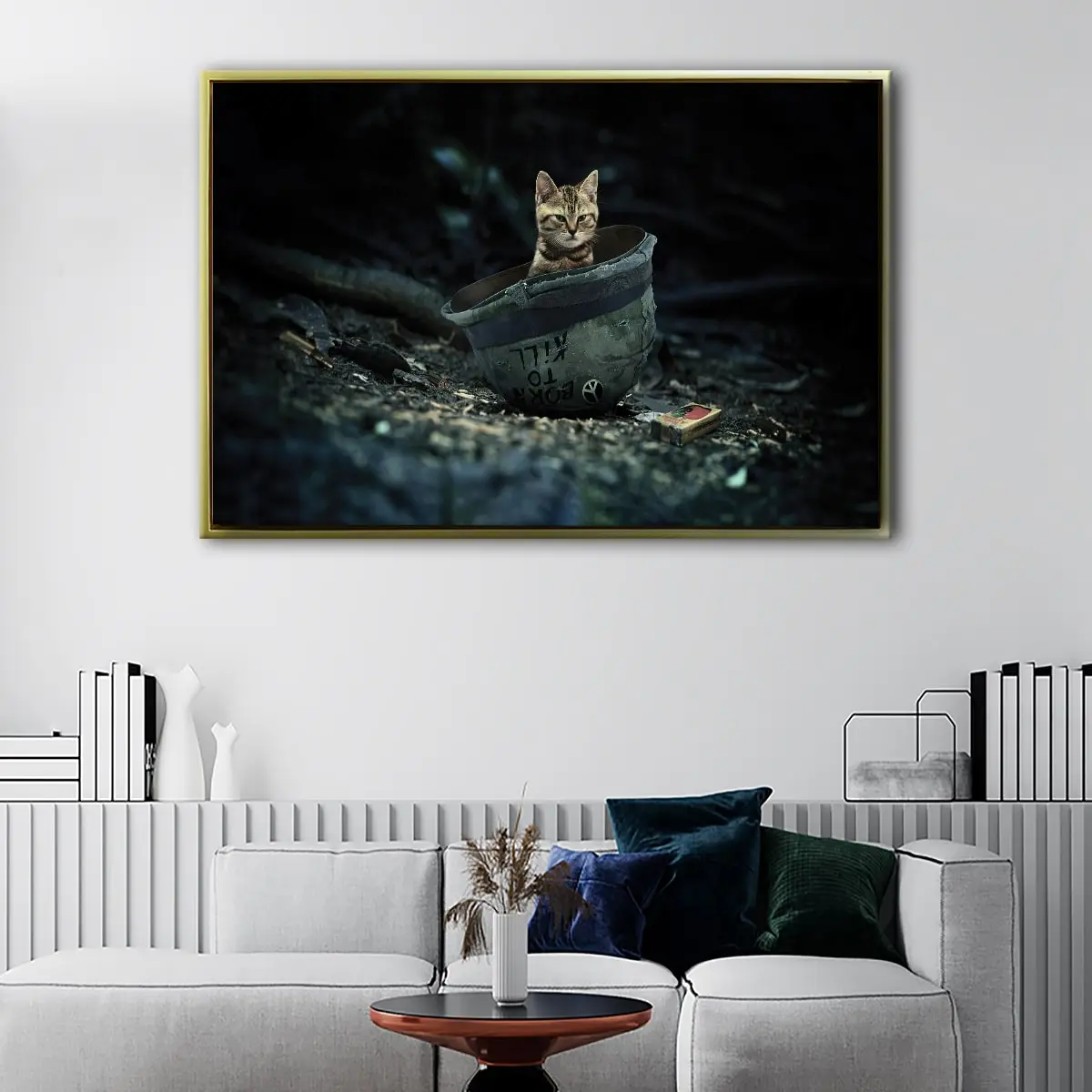 30a7d333-cat-in-war-floating-frame-canvas Cat in War canvas art - Image 1