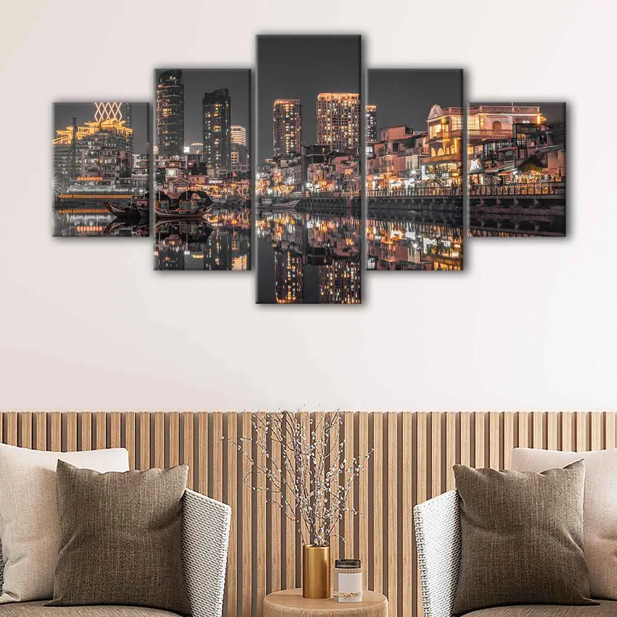 a71b3002-5-panels-hong-kong-by-night-canvas-art Hong Kong by Night canvas art - Image 1
