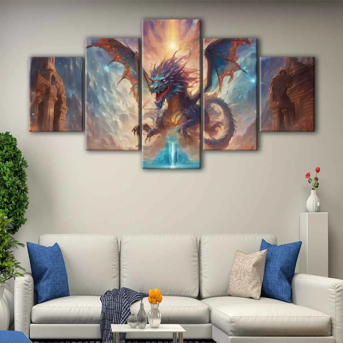 b06d8139-5-panels-furious-dragon-canvas-art Furious Dragon canvas art - Image 1