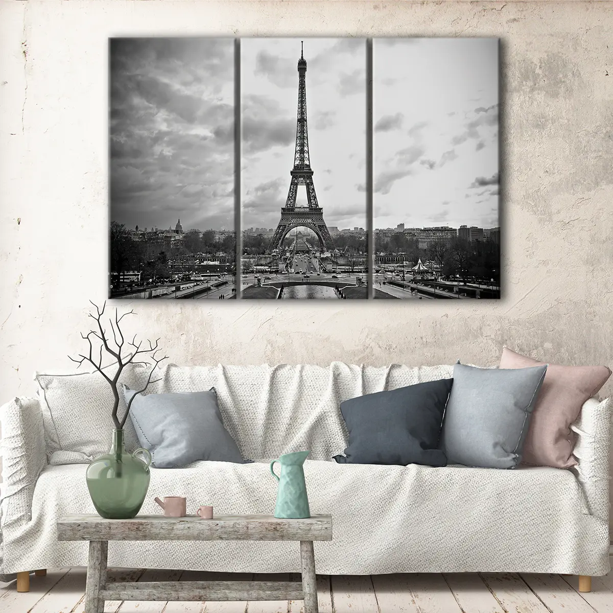 c640e7ed-3-panels-eiffel-tower-black-and-white-canvas-art Black & White Eiffel Tower canvas art - Image 1