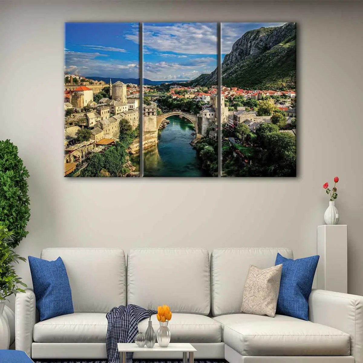 f2c00391-3-panels-mostar-old-bridge-canvas-art Mostar Old Bridge canvas art - Image 1