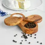 Double-Compartment Lidded Salt Cellar, Olive Wood Handmade