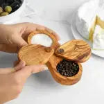Double-Compartment Lidded Salt Cellar, Olive Wood Handmade - Image 5
