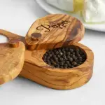 Double-Compartment Lidded Salt Cellar, Olive Wood Handmade - Image 3
