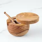 Olive Wood Salt Cellar - Spoon & Swivel Lid